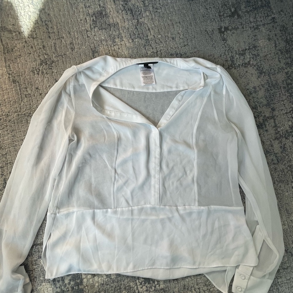 BCBG max azria white LS silk see thru blouse
